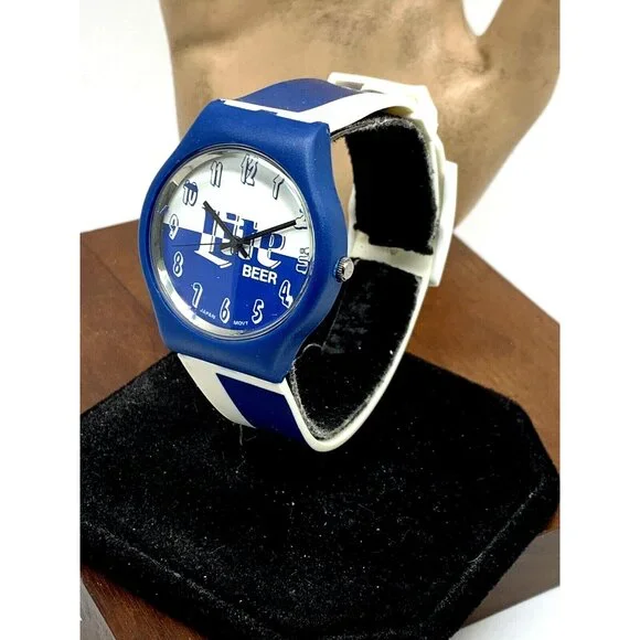 Miller Lite Beer Watch Unisex Quartz Vintage Blue White Rubber Band 35mm